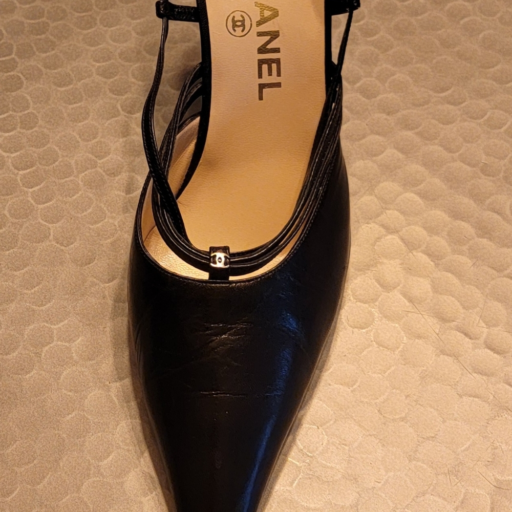 Authentic Chanel Black Leather Sling Backs